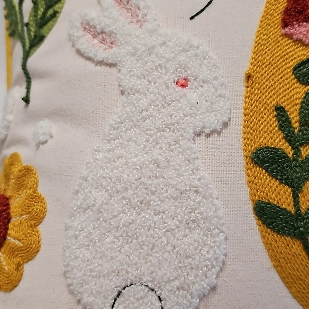 Embroidered Easter Bunny‎ Floral Throw Pillow - Cream, Mustard, Pink, Green. NWT